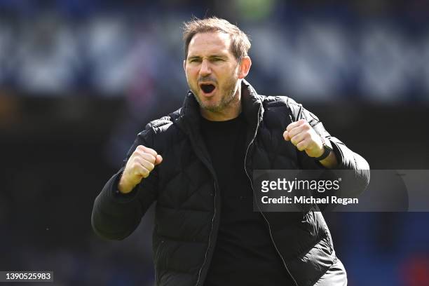 Everton manager Frank Lampard celebrates after the Premier League match between Everton and Manchester United at Goodison Park on April 09, 2022 in...