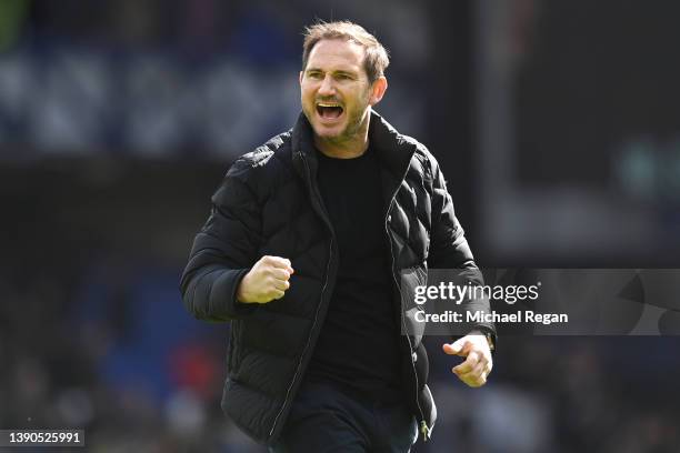 Everton manager Frank Lampard celebrates after the Premier League match between Everton and Manchester United at Goodison Park on April 09, 2022 in...