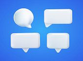 Set of four 3D speech bubble icons, isolated on blue background. 3D Chat icon set. Set of 3d speak bubble. Chatting box