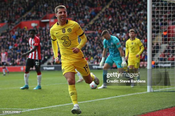 Mason Mount of Chelsea celebrates after scoring their side's sixth goal during the Premier League match between Southampton and Chelsea at St Mary's...