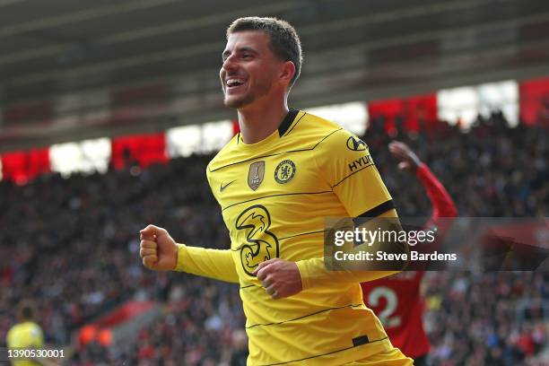 Mason Mount of Chelsea celebrates after scoring their side's sixth goal during the Premier League match between Southampton and Chelsea at St Mary's...