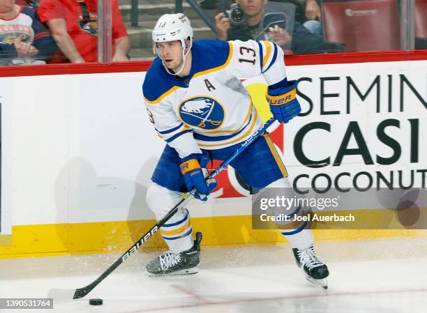 Mark Pysyk of the Buffalo Sabres skates with the puck against the Florida Panthers at the FLA Live Arena on April 8, 2022 in Sunrise, Florida.