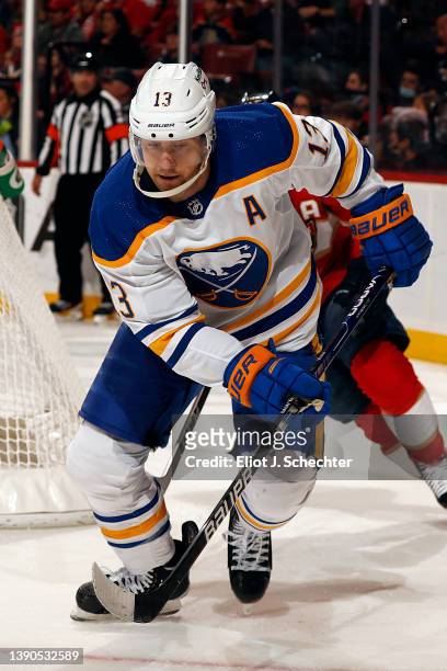 Mark Pysyk of the Buffalo Sabres skates with the puck against the Florida Panthers at the FLA Live Arena on April 8, 2022 in Sunrise, Florida.