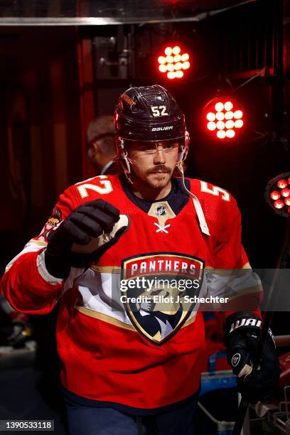 MacKenzie Weegar of the Florida Panthers heads out to the ice for warm ups prior to the start of the game against the Buffalo Sabres at the FLA Live...