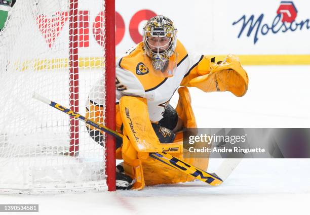 Juuse Saros of the Nashville Predators tends net against the Ottawa Senators at Canadian Tire Centre on April 7, 2022 in Ottawa, Ontario, Canada.