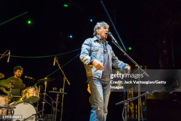 Brazilian composer & musician Caetano Veloso performs onstage at the Nokia Theatre Times Square, New York, New York, November 19, 2007. Visible...