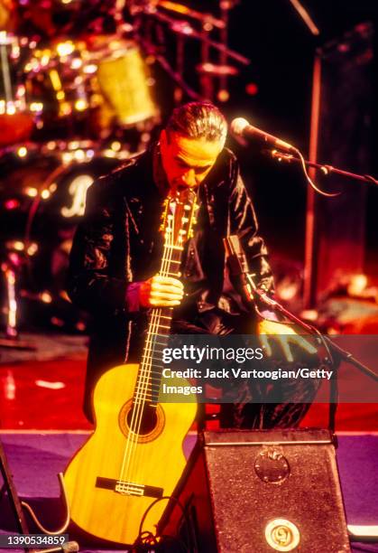 Brazilian composer & musician Caetano Veloso performs during a JVC Jazz Festival concert at Lincoln Center's Avery Fisher Hall, New York, New York,...