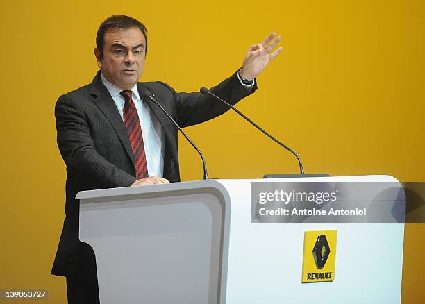 Carlos Ghosn, chief executive officer of Renault, speaks during a news conference on February 16, 2012 in Paris, France. French car manufacturer...