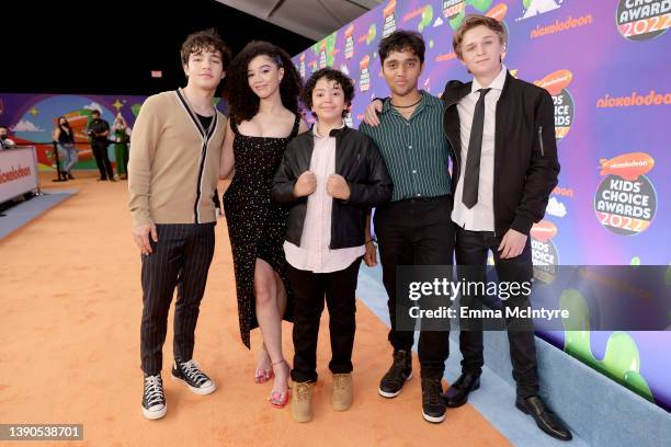 Bryce Gheisar, Malia Baker, Dominic Mariche, Arjun Athalye, and Parker Queenan attend the 2022 Nickelodeon Kid's Choice Awards at Barker Hangar on...