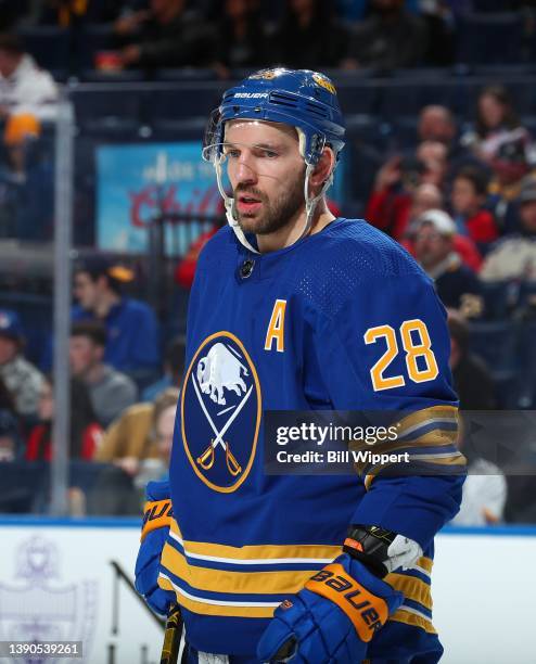 Zemgus Girgensons of the Buffalo Sabres prepares for a faceoff against the Florida Panthers during an NHL game on April 3, 2022 at KeyBank Center in...