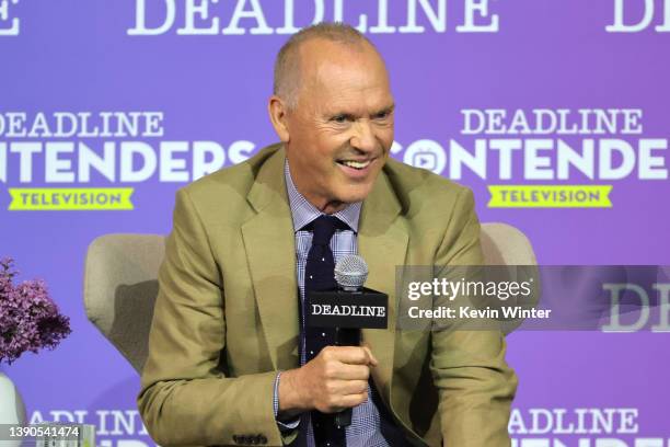 Actor Michael Keaton speaks onstage during Hulu's 'Dopesick panel during Deadline Contenders Television at Paramount Studios on April 09, 2022 in Los...