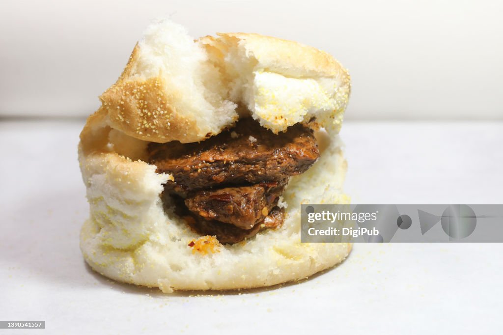 English muffin with Chinese mala flavored vegetarian beef steak (bean curd)