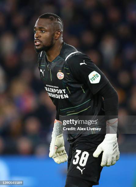 Yvon Mvogo of PSV Eindhoven looks on during the UEFA Conference League Quarter Final Leg One match between Leicester City and PSV Eindhoven at on...