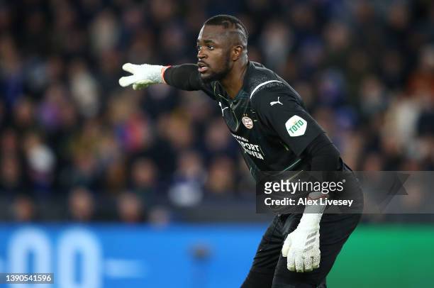Yvon Mvogo of PSV Eindhoven looks on during the UEFA Conference League Quarter Final Leg One match between Leicester City and PSV Eindhoven at on...