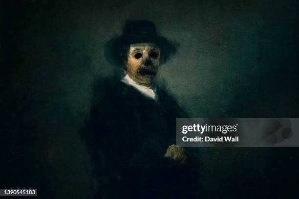 a horror concept of a classical portrait of a demonic figure with a skull like face and a black sunken eyes. on a dark background.. - horror scream stock pictures, royalty-free photos & images