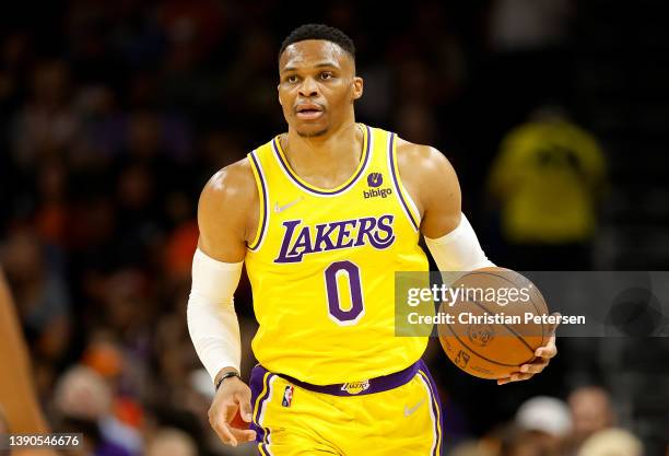 Russell Westbrook of the Los Angeles Lakers handles the ball during the first half of the NBA game at Footprint Center on April 05, 2022 in Phoenix,...