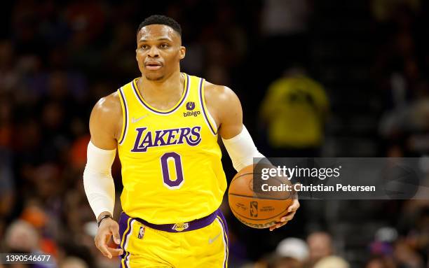 Russell Westbrook of the Los Angeles Lakers handles the ball during the first half of the NBA game at Footprint Center on April 05, 2022 in Phoenix,...