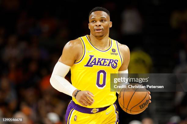 Russell Westbrook of the Los Angeles Lakers handles the ball during the first half of the NBA game at Footprint Center on April 05, 2022 in Phoenix,...