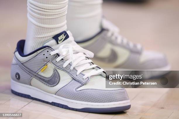 Detail of shoes worn by LeBron James of the Los Angeles Lakers during the first half of the NBA game at Footprint Center on April 05, 2022 in...