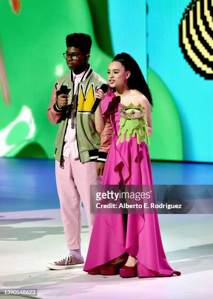Isaiah Crews and Gabrielle Nevaeh Green speak onstage during the 2022 Nickelodeon Kid's Choice Awards at Barker Hangar on April 09, 2022 in Santa...