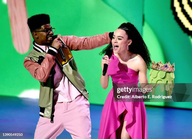 Isaiah Crews and Gabrielle Nevaeh Green speak onstage during the Nickelodeon's Kids' Choice Awards 2022 at Barker Hangar on April 09, 2022 in Santa...