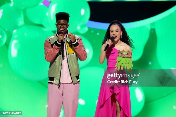 Isaiah Crews and Gabrielle Nevaeh Green speak onstage during the Nickelodeon's Kids' Choice Awards 2022 at Barker Hangar on April 09, 2022 in Santa...