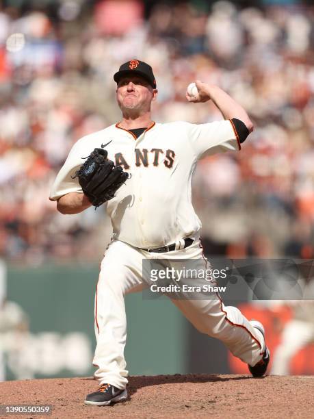 Jake McGee of the San Francisco Giants pitches against the Miami Marlins during their opening day game at Oracle Park on April 08, 2022 in San...