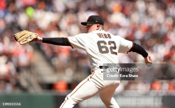 Logan Webb of the San Francisco Giants pitches against the Miami Marlins during their opening day game at Oracle Park on April 08, 2022 in San...