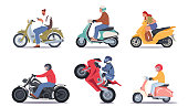 Set of Motorcyclist Riders Wear Helmets Driving Motor Bikes, Biker Characters Riding Motorcycle or Scooter Isolated on White