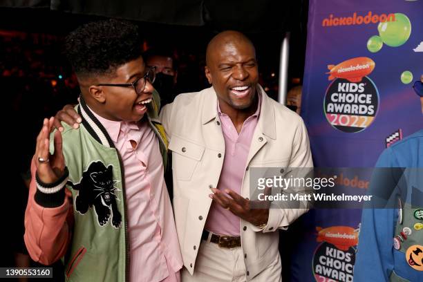Isaiah Crews and Terry Crews pose backstage at the Nickelodeon's Kids' Choice Awards 2022 at Barker Hangar on April 09, 2022 in Santa Monica,...
