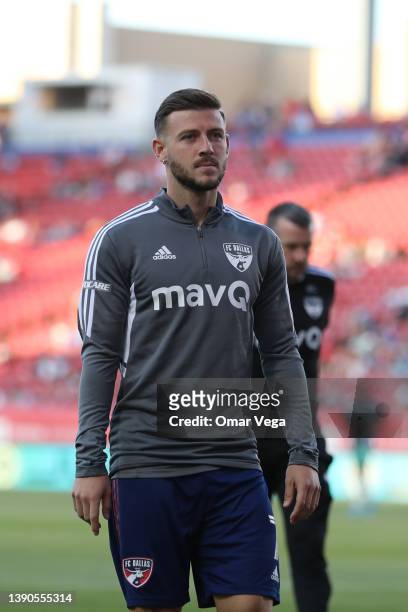 Paul Arriola of FC Dallas looks on during the MLS game between FC Dallas and Colorado Rapids at Toyota Stadium on April 9, 2022 in Frisco, Texas.