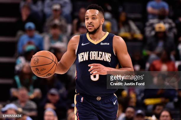 McCollum of the New Orleans Pelicans brings the ball up court during the second half against the Memphis Grizzlies at FedExForum on April 09, 2022 in...