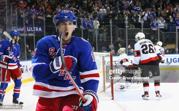 Ryan Strome of the New York Rangers celebrates his second period goal as he scores his 350th NHL point against the Ottawa Senators at Madison Square...