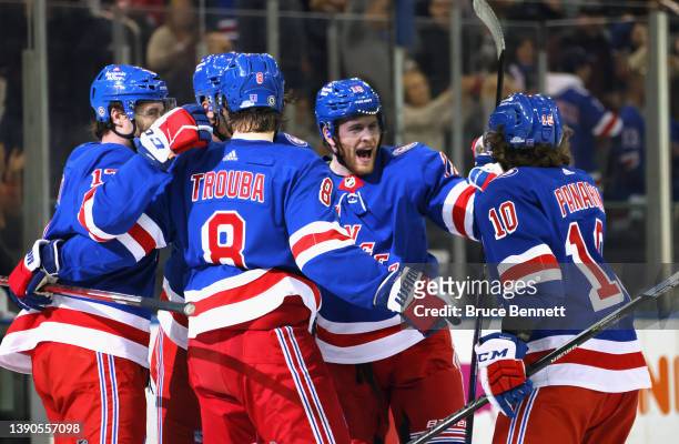 Andrew Copp of the New York Rangers celebrates his second period goal against the Ottawa Senators at Madison Square Garden on April 09, 2022 in New...