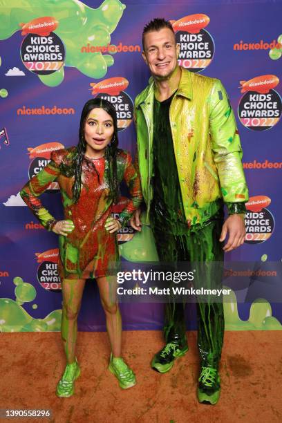 Miranda Cosgrove and Rob Gronkowski pose backstage at the Nickelodeon's Kids' Choice Awards 2022 at Barker Hangar on April 09, 2022 in Santa Monica,...