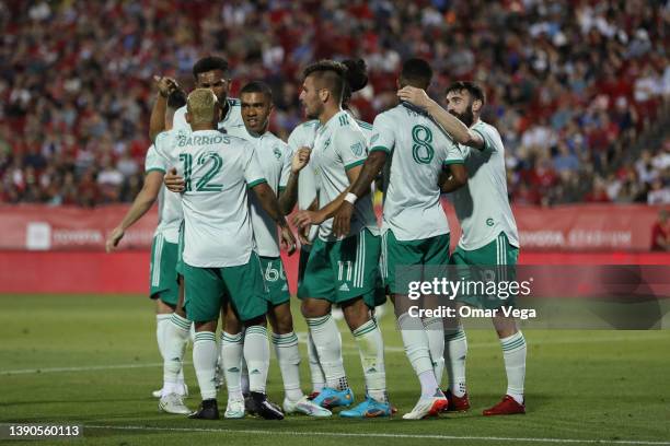 Diego Rubio of Colorado Rapids celebrates with his teammates after scores 1st goal during the MLS game between FC Dallas and Colorado Rapids at...