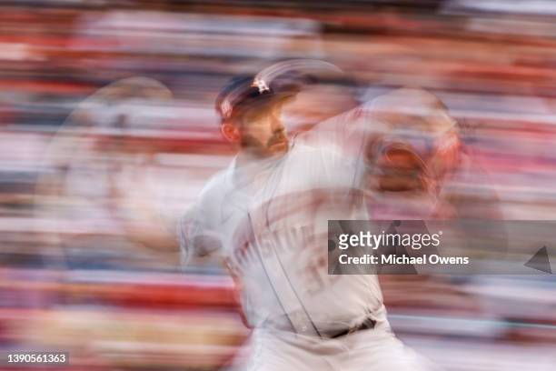 Justin Verlander of the Houston Astros pitches against the Los Angeles Angels during the first inning at Angel Stadium of Anaheim on April 09, 2022...