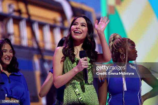 Miranda Cosgrove speaks onstage during the Nickelodeon's Kids' Choice Awards 2022 at Barker Hangar on April 09, 2022 in Santa Monica, California.