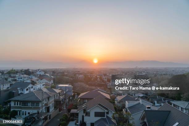 mt. fuji and residential district by the sea in kanagawa of japan - shizuoka foto e immagini stock