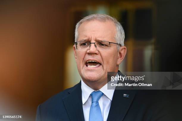 Prime Minister Scott Morrison addresses the media at Parliament House on April 10, 2022 in Canberra, Australia. The Prime Minister visited...