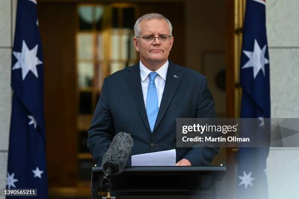 Prime Minister Scott Morrison addresses the media at Parliament House on April 10, 2022 in Canberra, Australia. The Prime Minister visited...