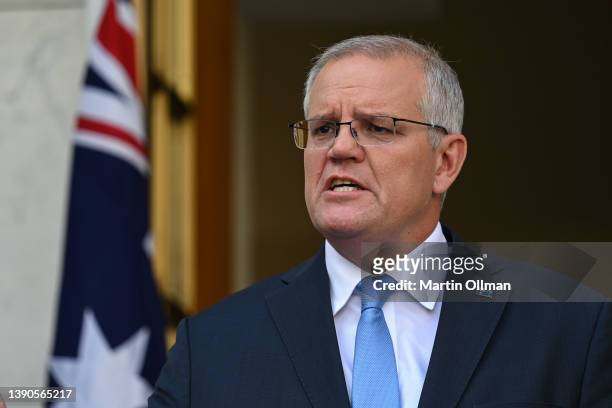 Prime Minister Scott Morrison addresses the media at Parliament House on April 10, 2022 in Canberra, Australia. The Prime Minister visited...