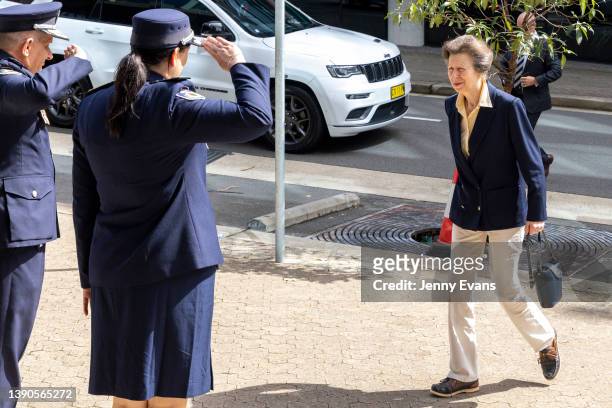 Her Royal Highness Princess Anne, The Princess Royal is saluted by NSW RFS Assistant Commissioner Kelly Browne and NSW RFS Commissioner Rob Rogers at...