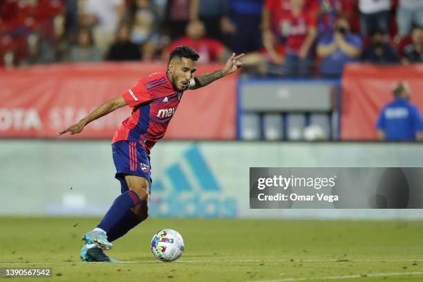 Jesus Ferreira of FC Dallas drives the ball during the MLS game between FC Dallas and Colorado Rapids at Toyota Stadium on April 9, 2022 in Frisco,...