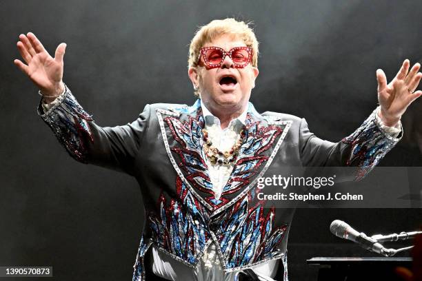 Sir Elton John performs during his Farewell Yellow Brick Road Tour at Rupp Arena on April 09, 2022 in Lexington, Kentucky.