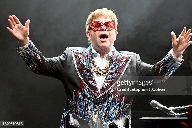 Sir Elton John performs during his Farewell Yellow Brick Road Tour at Rupp Arena on April 09, 2022 in Lexington, Kentucky.