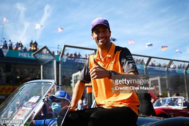 Daniel Ricciardo of Australia and McLaren gives a thumbs up on the drivers parade ahead of the F1 Grand Prix of Australia at Melbourne Grand Prix...
