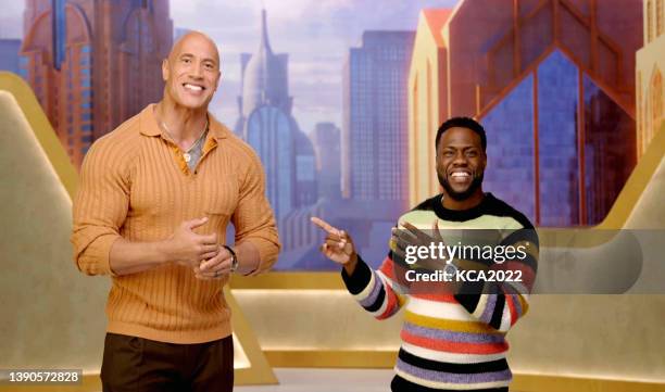 In this screengrab, Dwayne Johnson and Kevin Hart speak during the Nickelodeon's Kids' Choice Awards 2022 at Barker Hangar on April 09, 2022 in Santa...