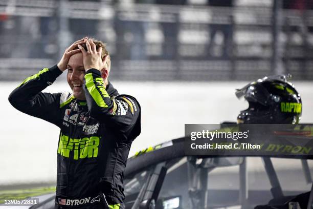 William Byron, driver of the RaptorTough.com Chevrolet, reacts after winning the NASCAR Cup Series Blue-Emu Maximum Pain Relief 400 at Martinsville...