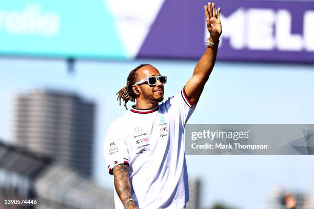 Lewis Hamilton of Great Britain and Mercedes waves to the crowd on the drivers parade ahead of the F1 Grand Prix of Australia at Melbourne Grand Prix...